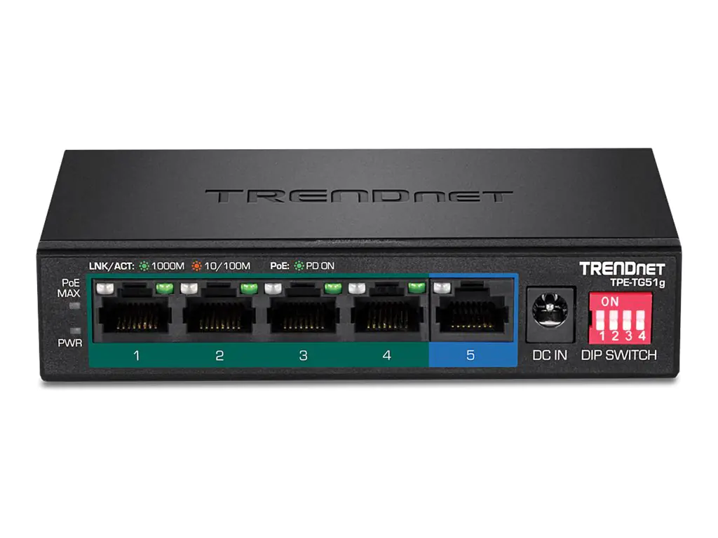 TRENDnet TPE-TG51g - Switch - unmanaged - 4 x 10/100/1000 (PoE+) + 1 x 10/100/1000 - Desktop, wandmontierbar - PoE+ (60 W) - TAA-konform