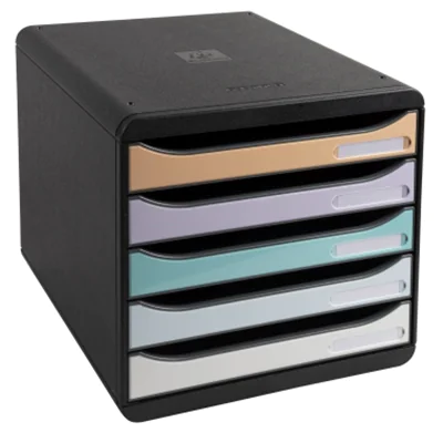 Exacompta Schubladenbox BIG-BOX plus 5 Schubladen DIN A4, Überbreite Polystyrol Gehäusefarbe: schwarz Farbe der Schublade: schwarz/pastellfarbig