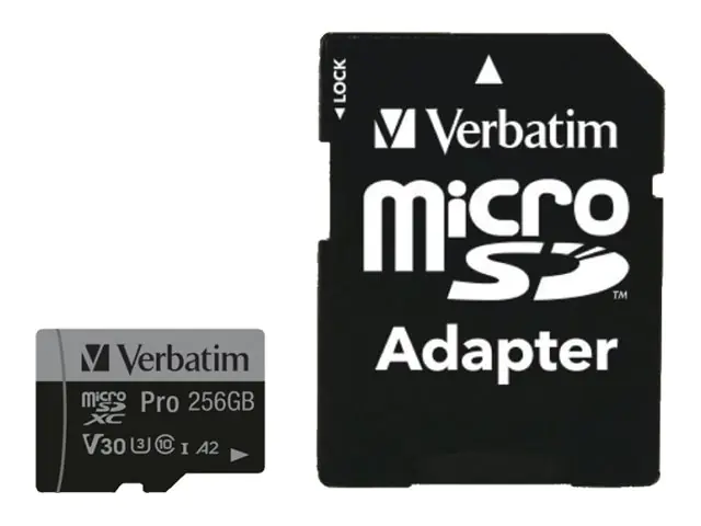 Verbatim PRO U3 - Flash-Speicherkarte (microSDXC-an-SD-Adapter inbegriffen) - 256 GB - A2 / UHS-I U3 / Class10 - microSDXC UHS-I