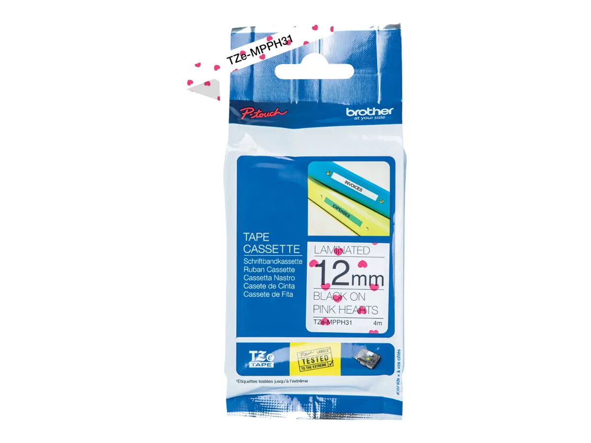 Brother TZe-MPPH31 - Schwarz auf rosafarbenen Herzen - Rolle (1,2 cm x 4 m) 1 Rolle(n) laminiertes Band - für Brother PT-H110; P-Touch PT-H105, H110; P-Touch Cube PT-P300; P-Touch Embellish PT-D215