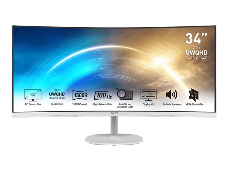 MSI PRO MP341CQWDE - LED-Monitor - gebogen - 86.4 cm (34") - 3440 x 1440 UWQHD @ 100 Hz - VA - 300 cd/m² - 3000:1 - 4 ms - 2xHDMI, DisplayPort - Lautsprecher - weiß