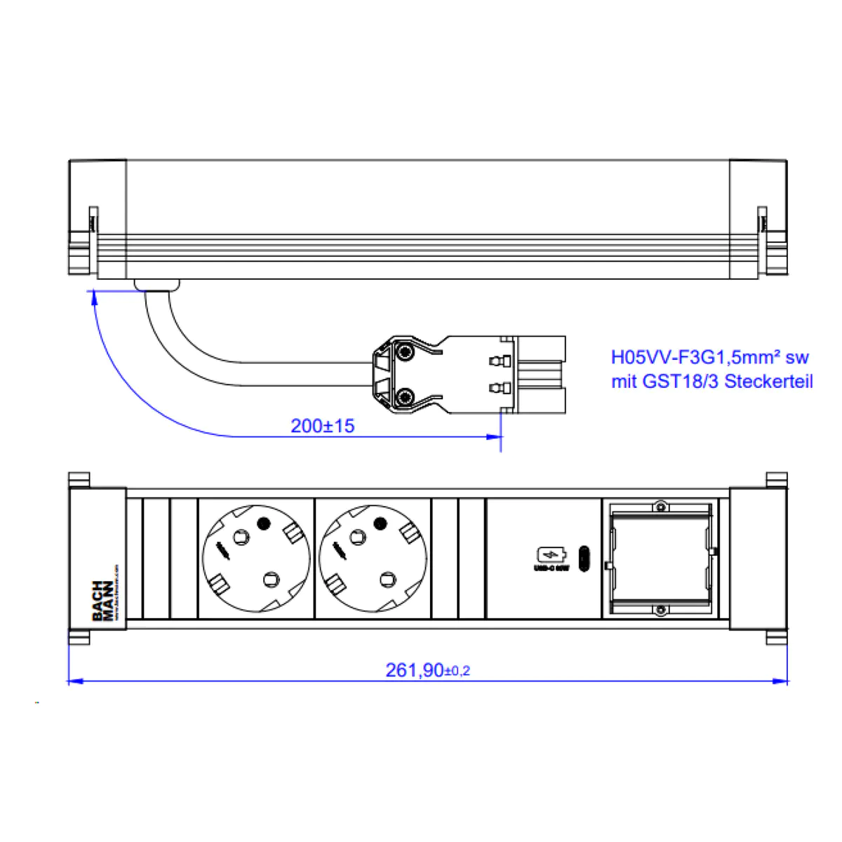 Bachmann POWER FRAME M 2xCEE7/3916.5071xUSB C 30W 1xCM 0,2m GST18