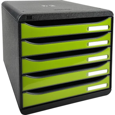 Exacompta Schubladenbox BIG-BOX plus 5 Schubladen DIN A4, Überbreite Polystyrol Gehäusefarbe: schwarz Farbe der Schublade: anisgrün glossy