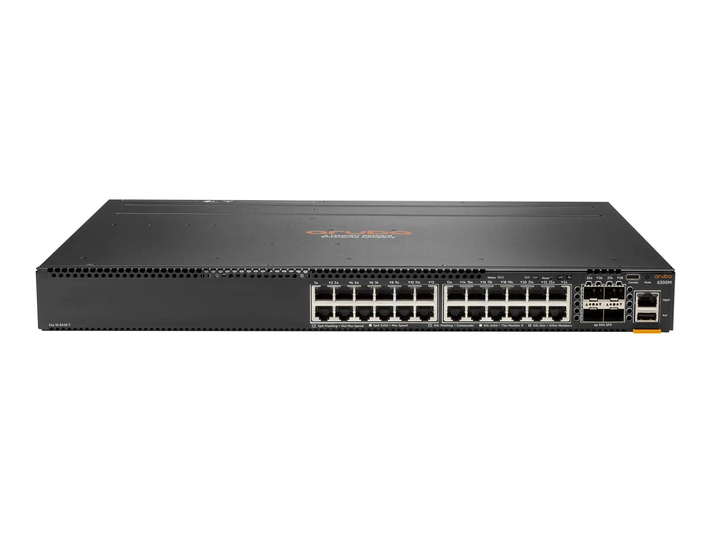 HPE Aruba 6300F - Switch - L3 - managed - 24 x 10/100/1000 + 4 x 1 Gigabit / 10 Gigabit / 25 Gigabit / 50 Gigabit SFP56 (Uplink / Stacking) - Front und Seite zu Hinterseite - an Rack montierbar