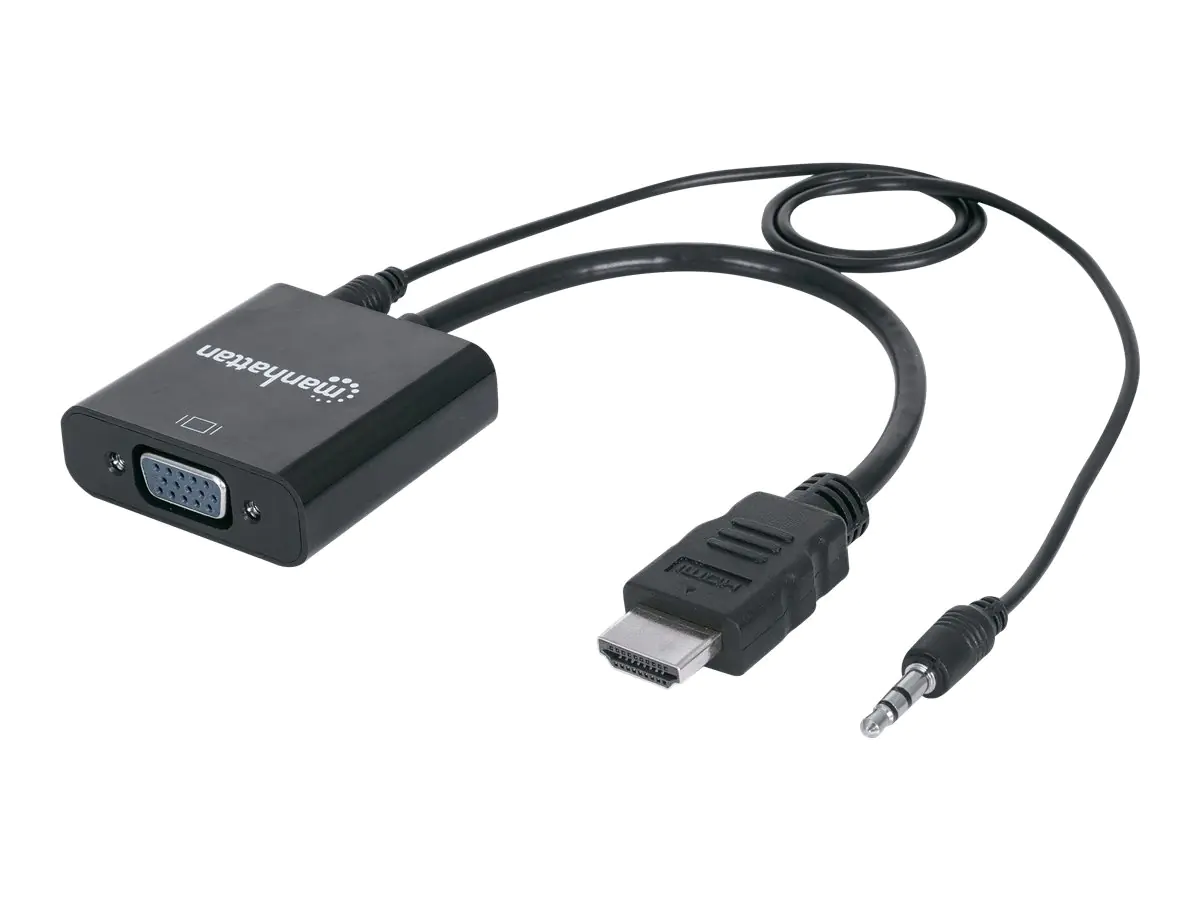 Manhattan HDMI auf VGA Konverter, HDMI-Stecker auf VGA-Buchse, mit Audio, optionaler USB Micro-B-Stromport, schwarz - Video-/Audio-Kabelkit - abgeschirmt - Schwarz - geformt, 1080p-Unterstützung