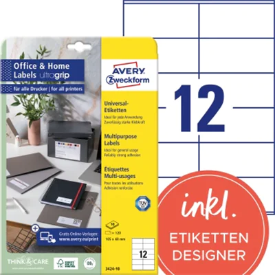 Avery Zweckform Avery 3424-10, Weiß, Rechteck, Permanent, 105 x 48 mm, A4, Papier
