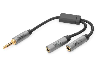 DIGITUS - Audio-Splitter - 4-poliger Mini-Stecker Stecker zu Mini-Stecker Gefäß - 20 cm - Doppelisolierung - Schwarz