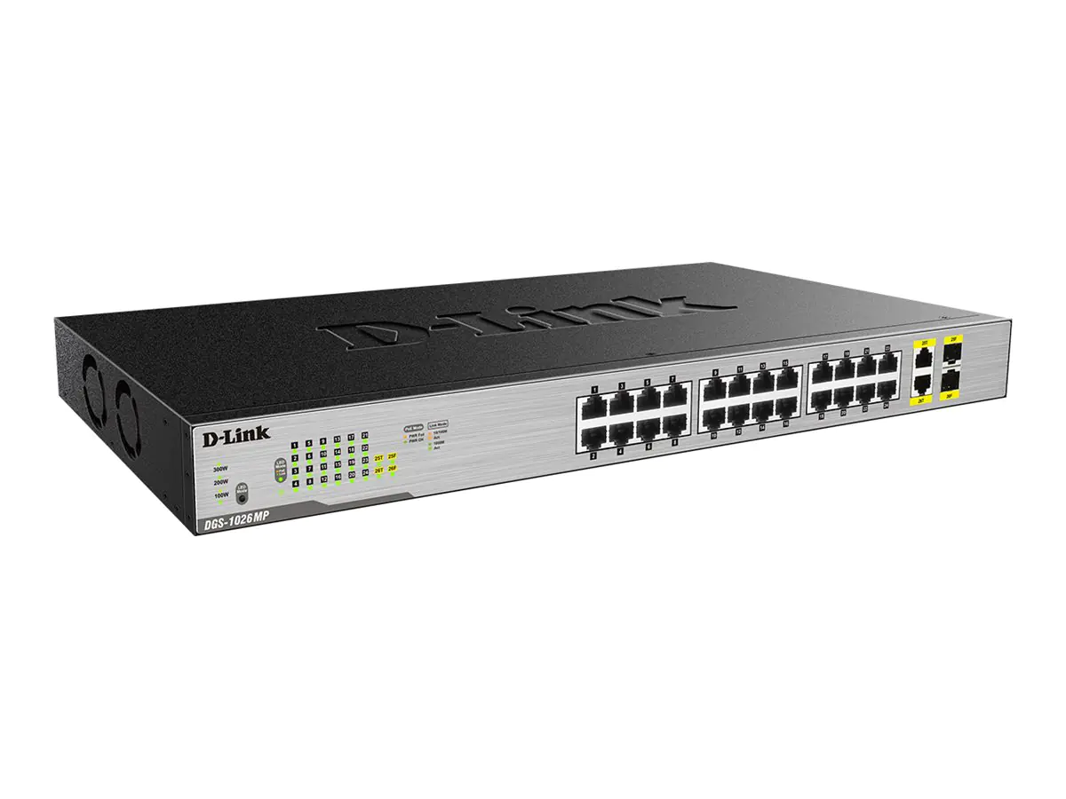 D-Link DGS 1026MP - Switch - unmanaged - 24 x 10/100/1000 (PoE) + 2 x Kombi-Gigabit-SFP - Desktop, an Rack montierbar - PoE (370 W)