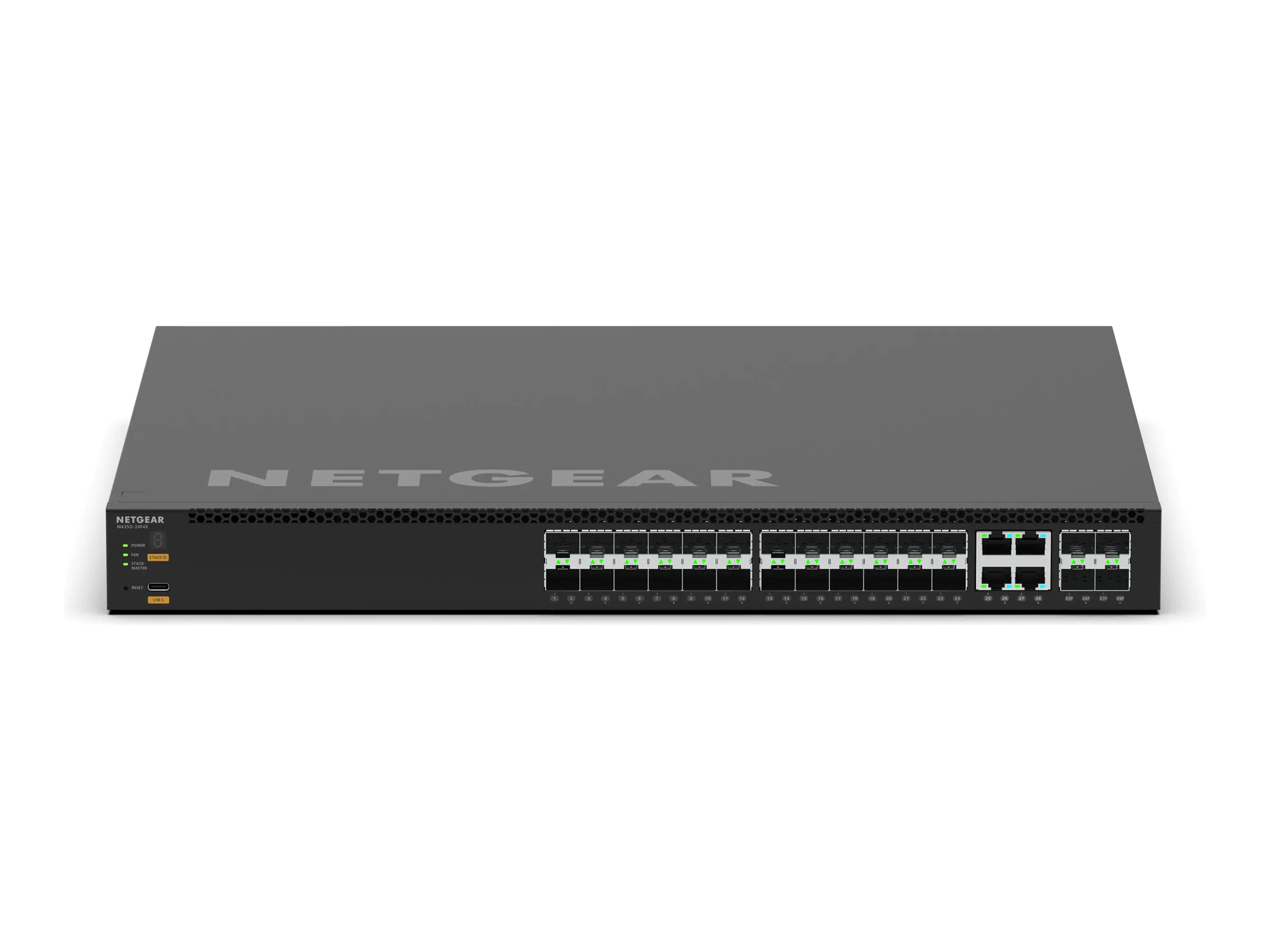 Netgear M4350 Series M4350-24F4X - Switch - L3 - managed - 24 x 1/2.5 Gigabit SFP + 4 x C 10 G-Bit SFP+ - Luftstrom von vorne nach hinten - an Rack montierbar - für Netgear AGM731F; ProSafe AGM731F, AGM732F