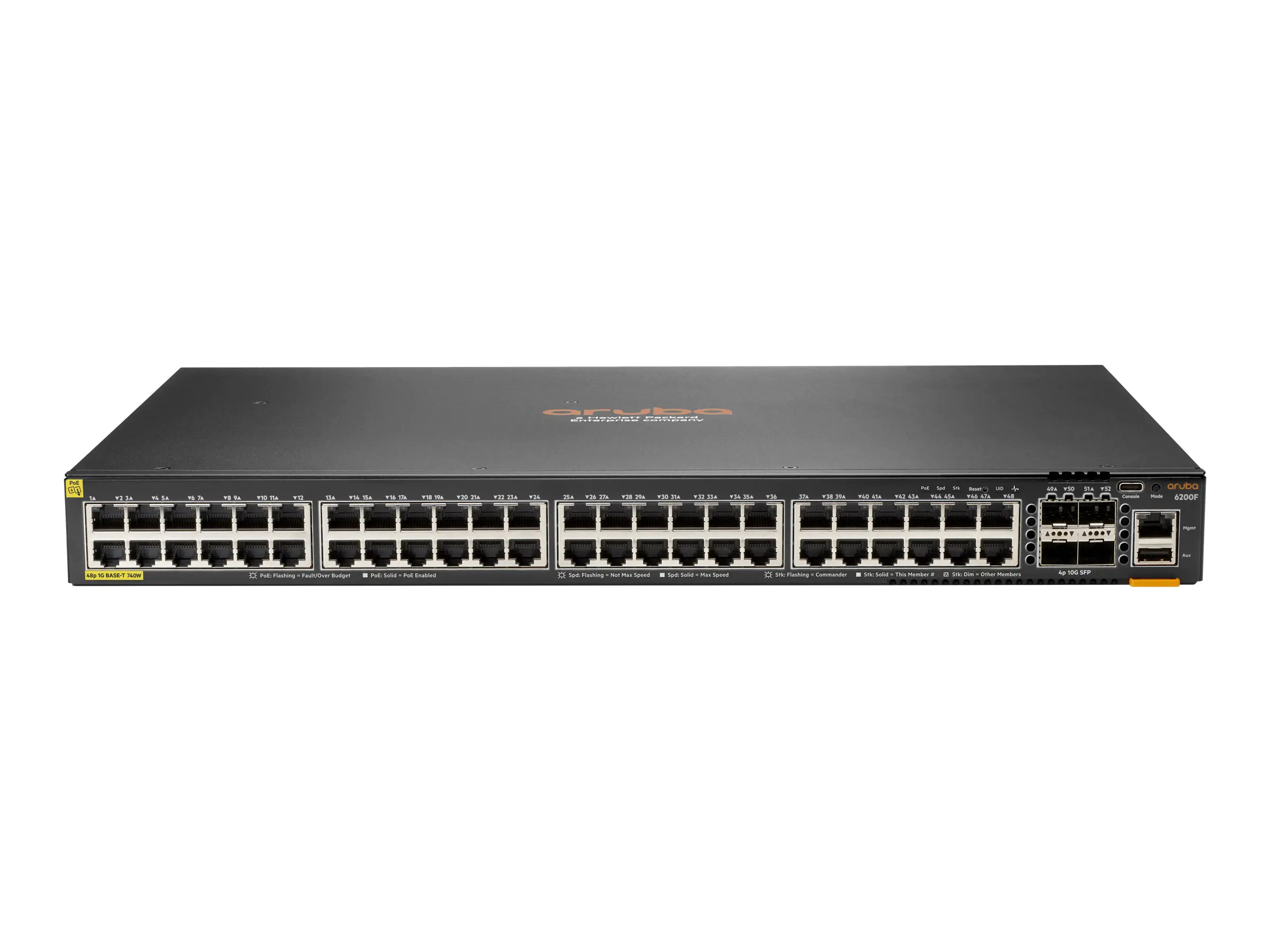 HPE Aruba Networking CX 6200F 48G Class4 PoE 4SFP+ 740W Switch - Switch - max. Stapelentfernung 10 km - L3 - managed - 48 x 10/100/1000 (PoE+) + 4 x 1 Gigabit/10 Gigabit SFP+ (Uplink) - Front und Seite zu Hinterseite - an Rack montierbar - PoE+ (740 W) -