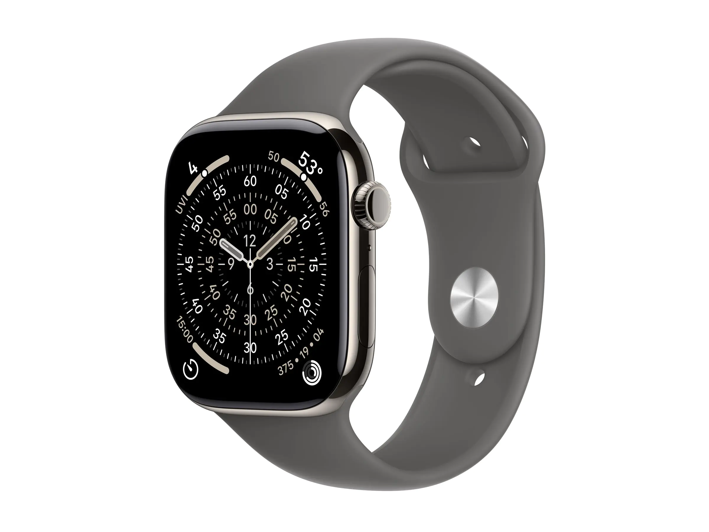 Apple Watch Series 11 (GPS + Cellular) - 46 mm - natürliches Titan - intelligente Uhr mit Sportband - Flouroelastomer - Stone Gray - Bandgröße: S/M - 64 GB - LTE, Wi-Fi 4, UWB, Bluetooth - 5G - 43.1 g