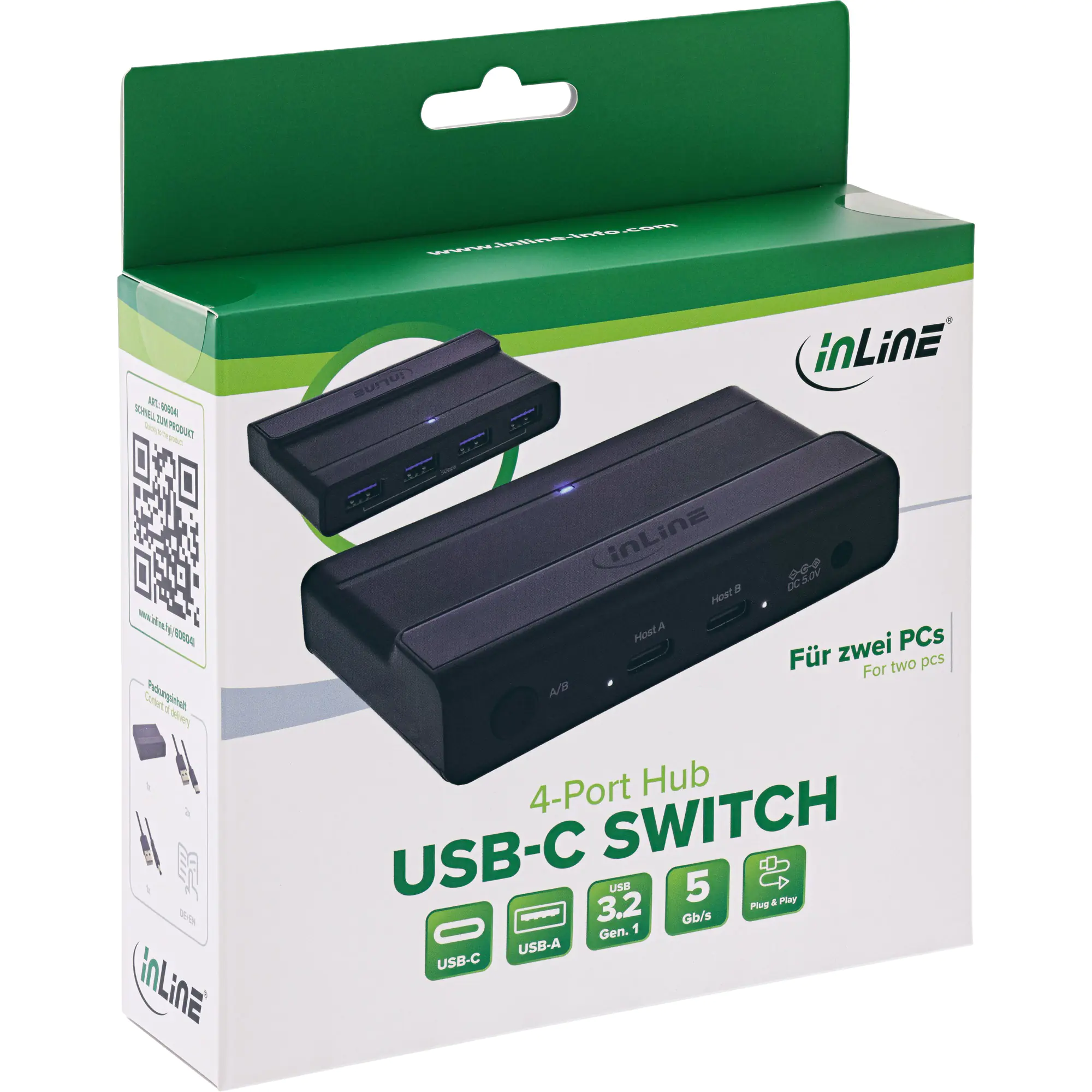 InLine USB-C Switch - Umschalter für 2 PCs - 4-Port Hub - USB 3.2 Gen.1 - schwarz
