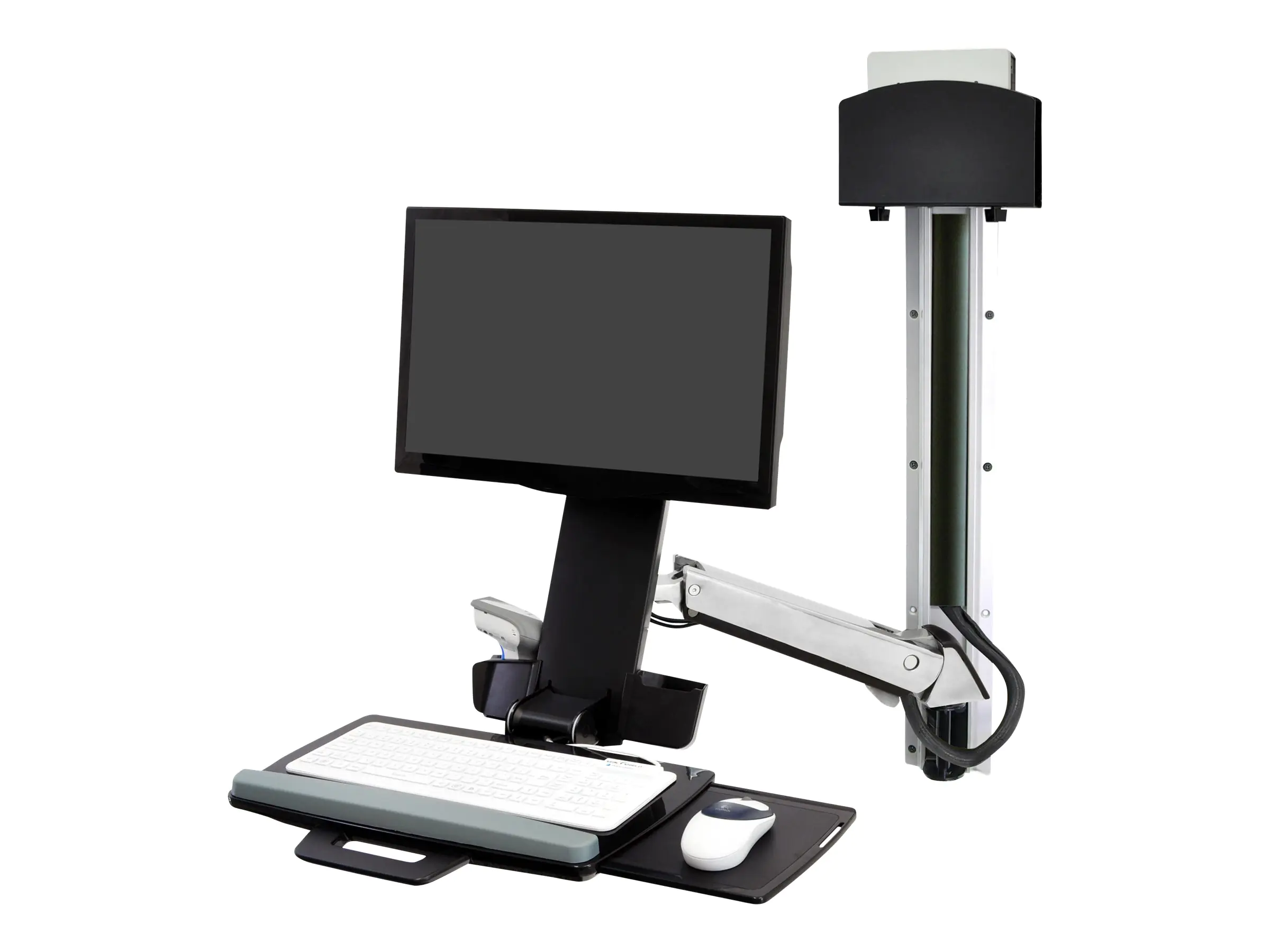 Ergotron Sit-Stand Combo System Mit CPU-Halter klein - Befestigungskit (CPU-Halter, 2 Schienenabdeckungen, 2 Kabelkanäle, Handgelenkkissen, einstellbarer Monitorarm, VESA-Halterung, Wandschiene 34", Montagesystem mit CPU-Halterung und Armen, Tastaturablag