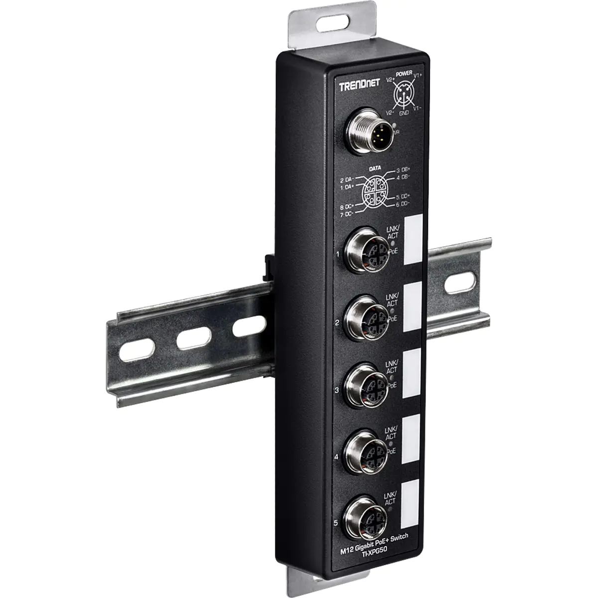 Trendnet - Version v1.0R - Switch - EN50155, industrial - unmanaged - 4 x 10/100/1000 (PoE+) + 1 x 10/100/1000 - an DIN-Schiene montierbar, wandmontierbar - PoE+ (120 W) - TAA-konform