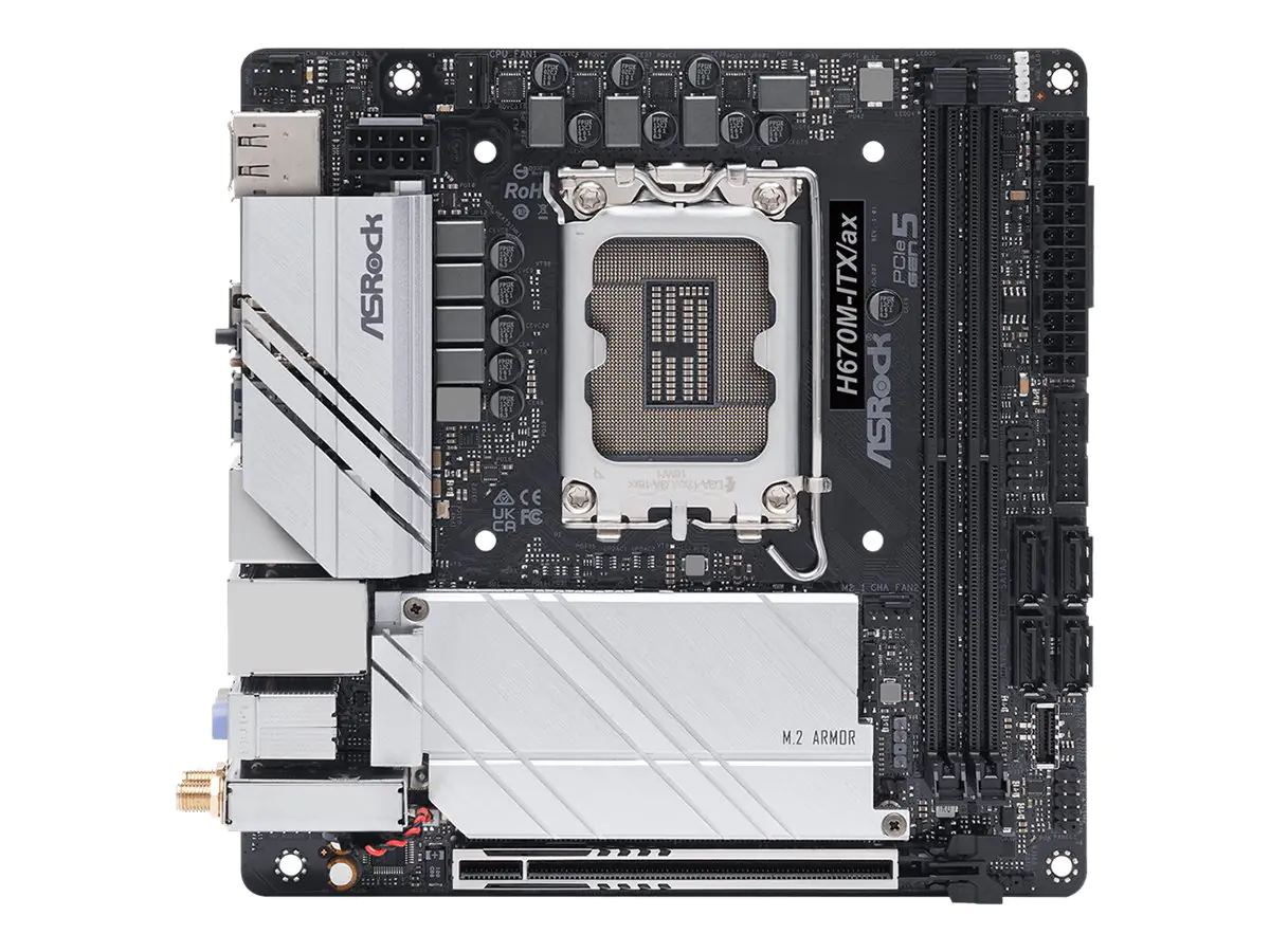 ASRock H670M-ITX/ax - Motherboard - Mini-ITX - LGA1700-Sockel - H670 Chipsatz - USB-C Gen1, USB 3.2 Gen 1, USB 3.2 Gen 2, USB-C Gen 2x2 - Bluetooth, Gigabit LAN, 2.5 Gigabit LAN, Wi-Fi - Onboard-Grafik (CPU erforderlich) - HD Audio (8-Kanal)