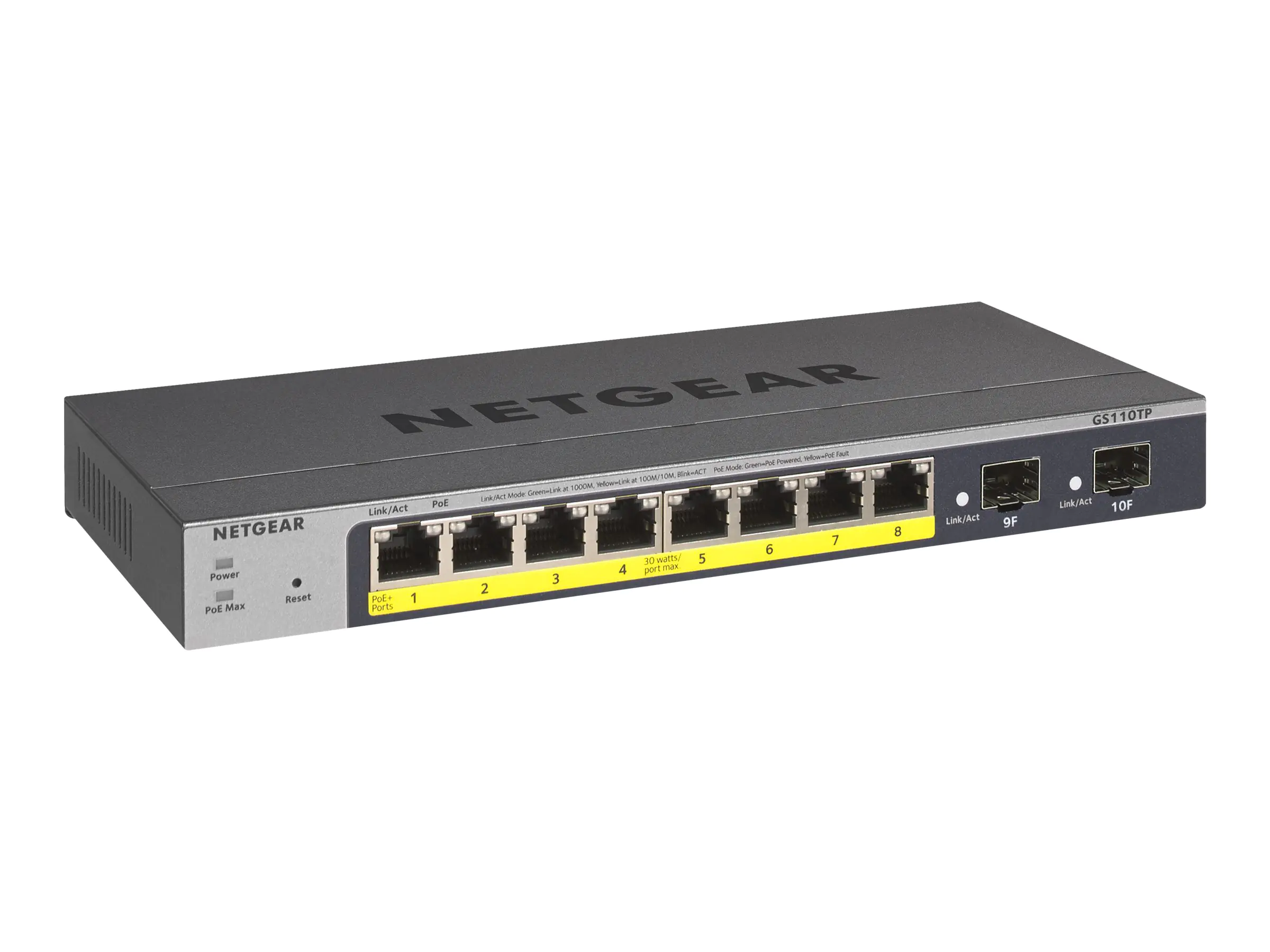 NETGEAR Smart GS110TPv3 - Switch - Smart - 8 x 10/100/1000 (PoE) + 2 x SFP - Desktop, wandmontierbar - PoE+ (55 W) - Gleichstrom