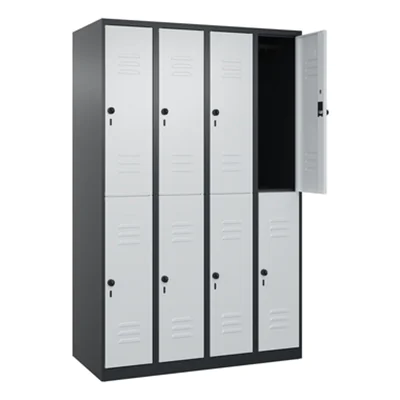 C+P Kleiderspind Classic PLUS 1.200 x 1.850 x 500 mm (B x H x T) 4 Abteile Stahl Farbe der Front: lichtgrau Farbe des Korpus: schwarzgrau