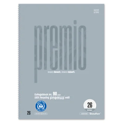 Staufen Collegeblock Premio DIN A4 kariert mit Rand 90g/m² grau 80 Bl.