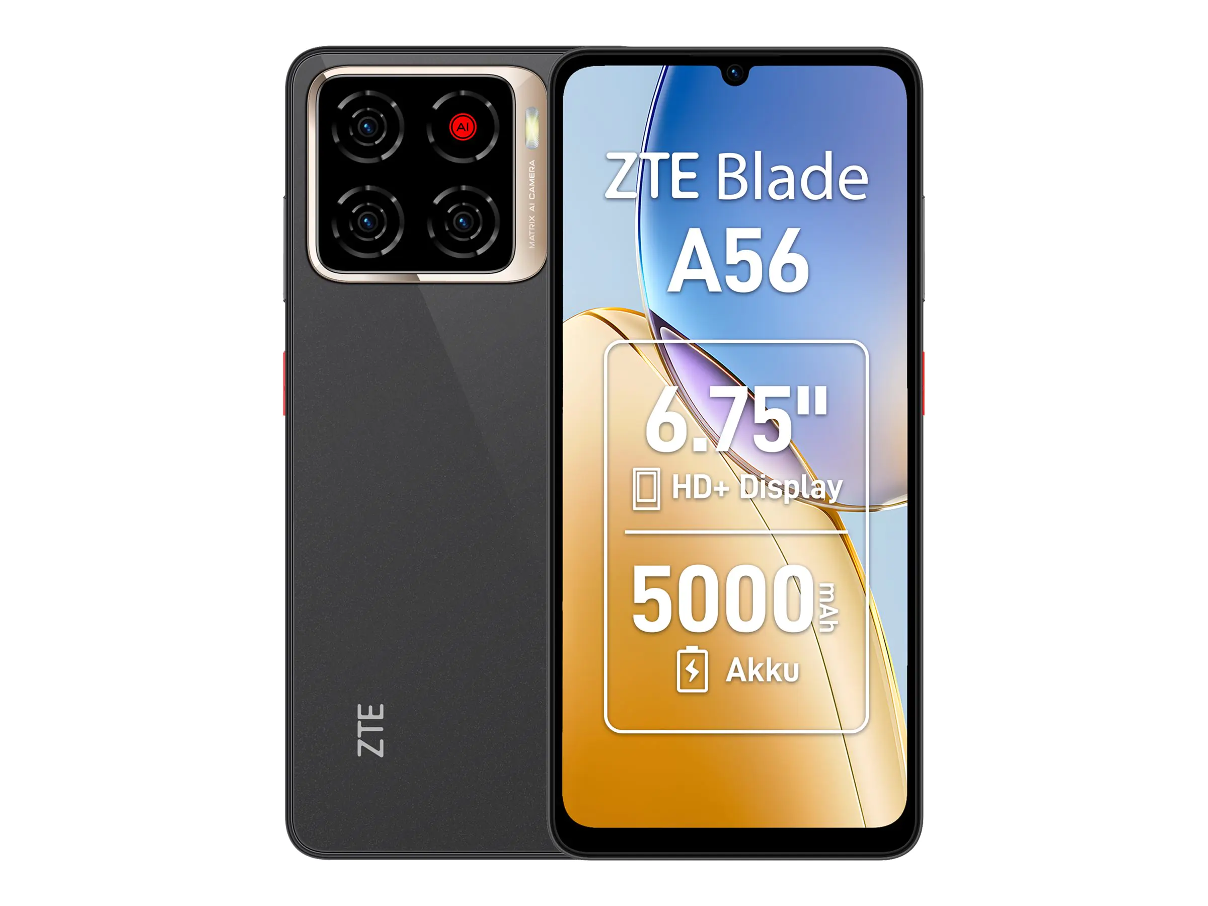 ZTE Blade A56 - 4G Smartphone - Dual-SIM - RAM 4 GB / Interner Speicher 64 GB - microSD slot - 6.75" - 1600 x 720 Pixel (90 Hz) - Triple-Kamera 13 MP, 0.08 MP, 0,08 MP - front camera 8 MP - Tiefschwarz