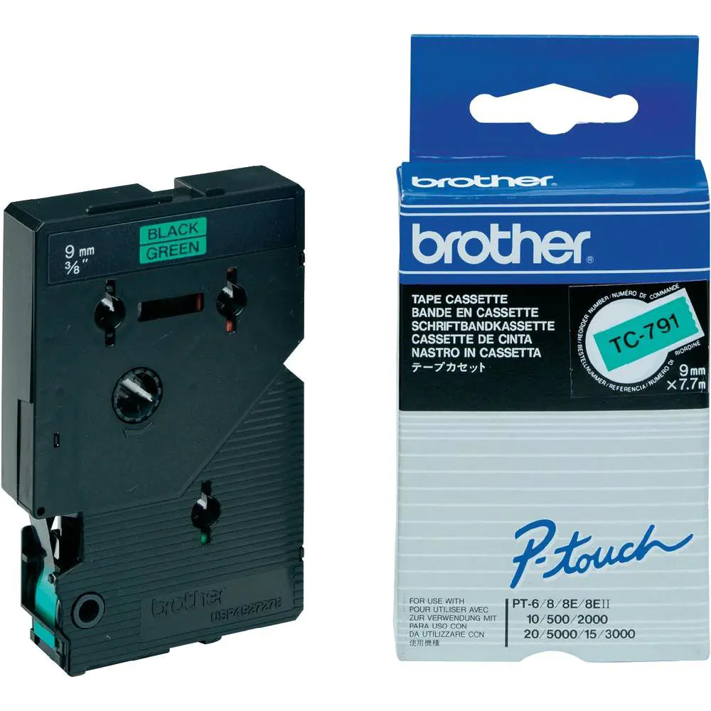 Brother TC791 - 9 mm x Schwarz auf Grün - laminiertes Band - für P-Touch PT-2000, PT-3000, PT-500, PT-5000, PT-8E