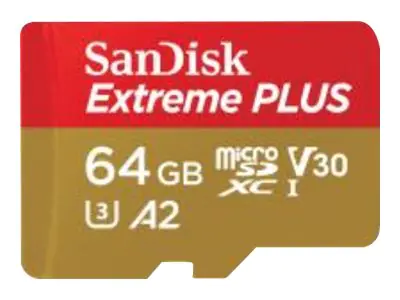 SanDisk Extreme PLUS - Flash-Speicherkarte (microSDXC-an-SD-Adapter inbegriffen) - 64 GB - A2 / Video Class V30 / UHS-I U3 / Class10 - microSDXC UHS-I