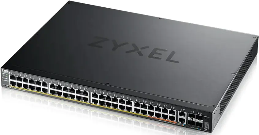 Zyxel XGS2220 Series XGS2220-54HP - Switch - 48 Port GbE L3 Access, NebulaFLEX Cloud, mit 6 10G Uplink - managed - 40 x 10/100/1000 (PoE+) + 8 x 10/100/1000 (PoE++) + 2 x 1/2.5/5/10 (PoE++) + 4 x 10 Gigabit SFP+ - Desktop, an Rack montierbar - PoE++ (600