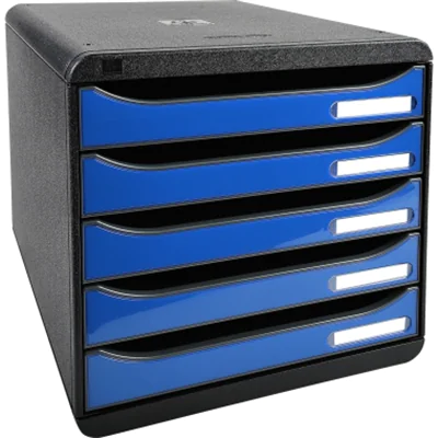 Exacompta Schubladenbox BIG-BOX plus 5 Schubladen DIN A4, Überbreite Polystyrol Gehäusefarbe: schwarz Farbe der Schublade: eisblau glossy