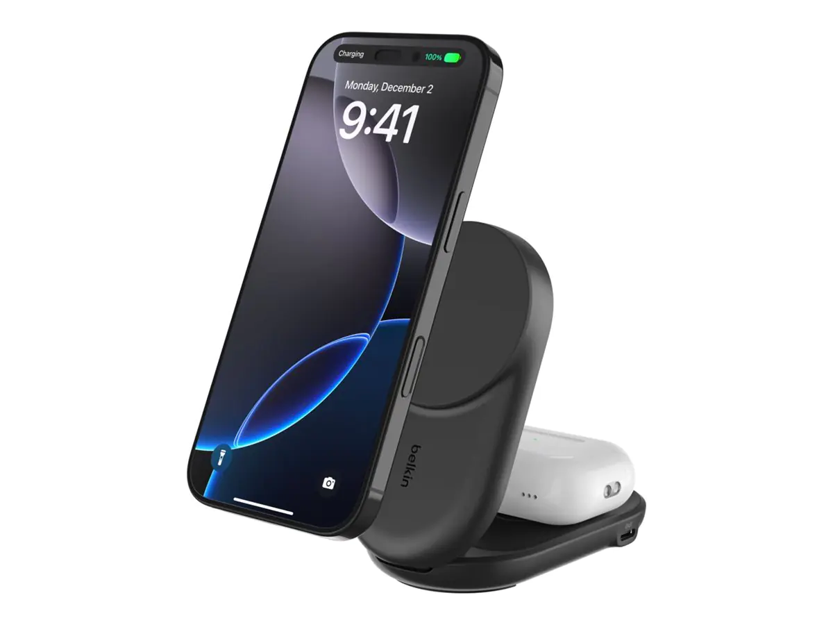 Belkin UltraCharge - Kabelloses Ladegerät - 2-in-1, Qi2, magnetisch, faltbar + AC-Netzteil - 2