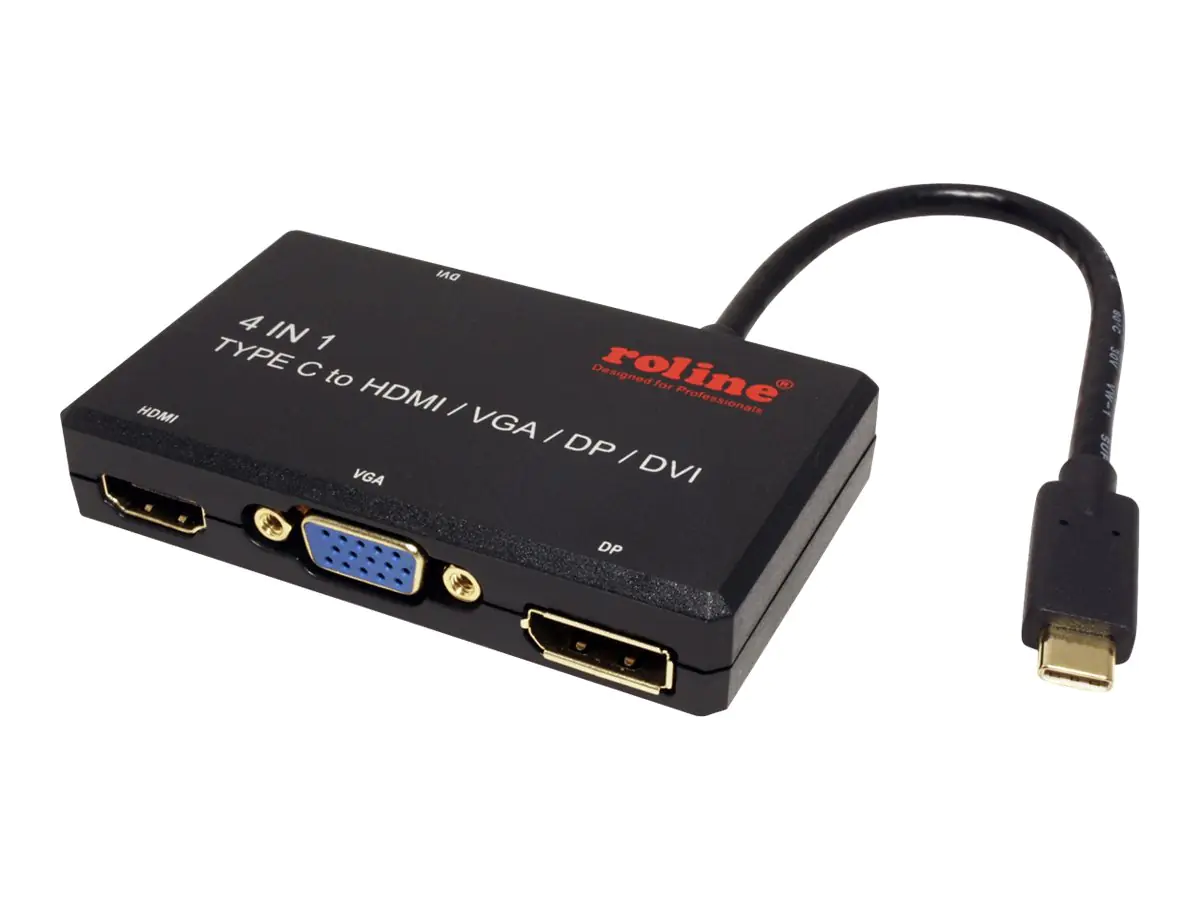 Roline - Videoadapter - USB-C männlich zu HD-15 (VGA), HDMI, DisplayPort weiblich - 10 cm - Schwarz - 4K Unterstützung, USB-Strom