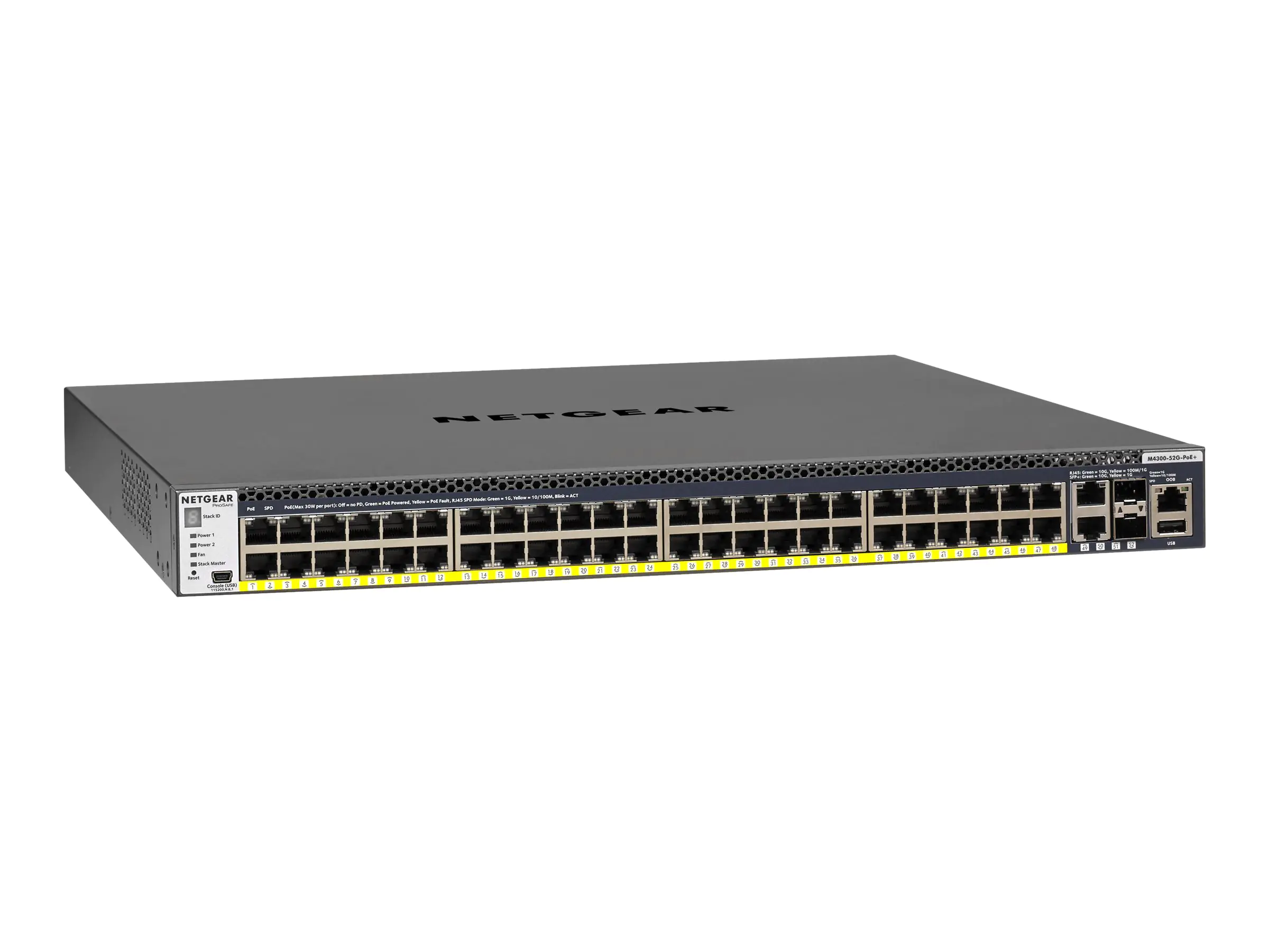 Netgear M4300-52G-PoE+ - Switch - L3 - managed - 2 x 10/100/1000/10000 + 2 x 10 Gigabit SFP+ + 48 x 10/100/1000 (PoE+) - Luftstrom von vorne nach hinten - an Rack montierbar - PoE+ (480 W)