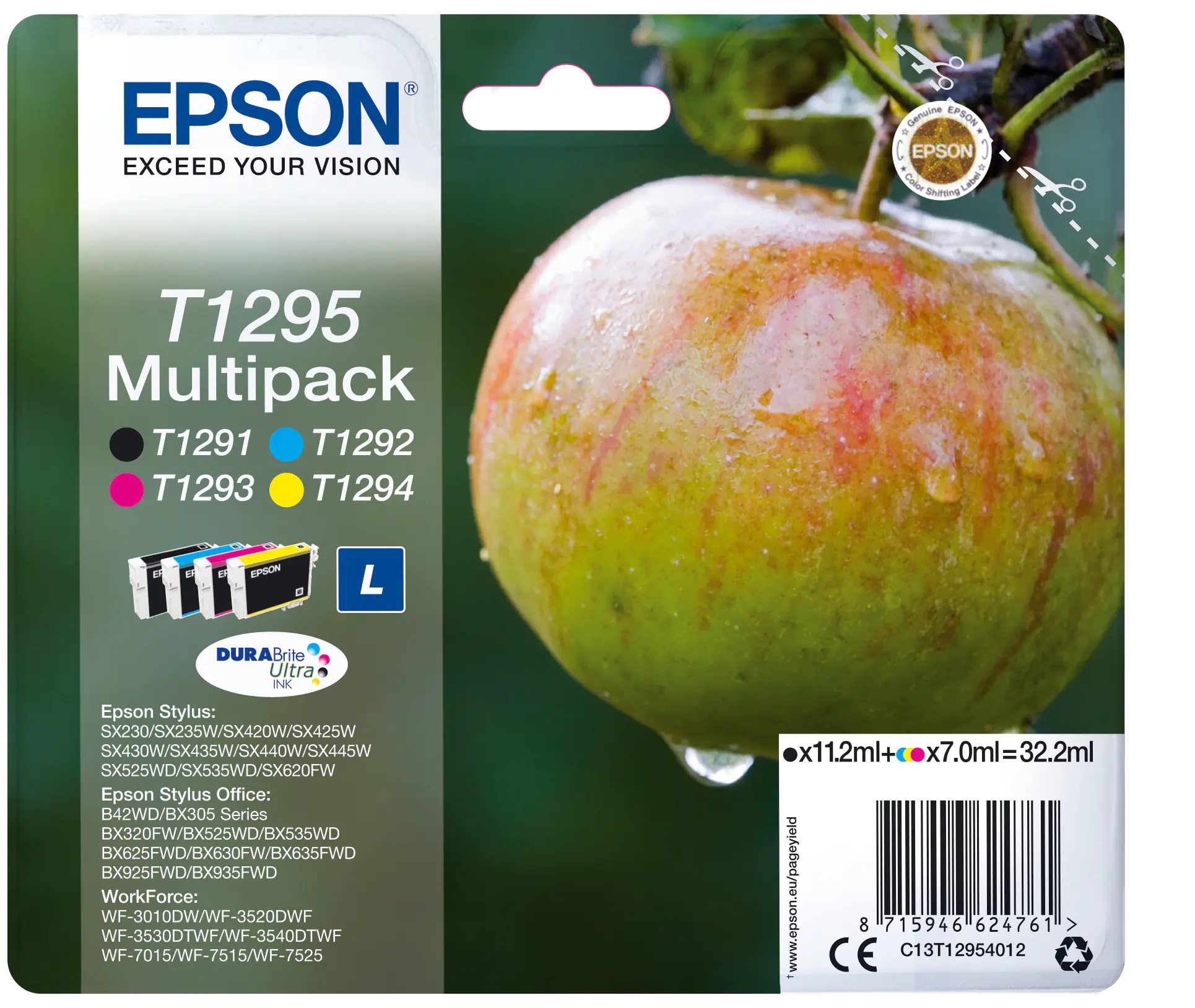 Epson T1295 Multipack - 4er-Pack - 32.2 ml - L-Größe - Schwarz, Gelb, Cyan, Magenta - Original - Tintenpatrone - für Stylus SX230, SX235, SX430, SX438; WorkForce WF-3010, 3520, 3530, 3540, 7015, 7515, 7525