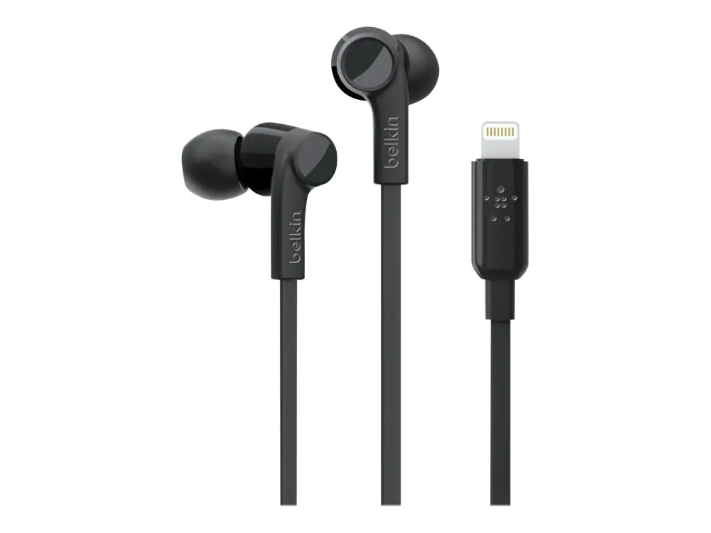 Belkin ROCKSTAR - Ohrhörer mit Mikrofon - im Ohr - kabelgebunden - Lightning - Geräuschisolierung - Schwarz - für Apple 10.5-inch iPad Pro; iPad mini 4; iPhone 7, 7 Plus, 8, 8 Plus, X, XR, XS, XS Max