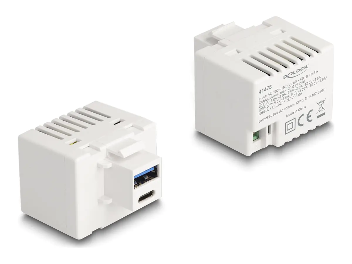 Delock Netzteil - 20 Watt - 3 A - PD - 2 Ausgabeanschlussstellen (USB Typ A, USB-C)