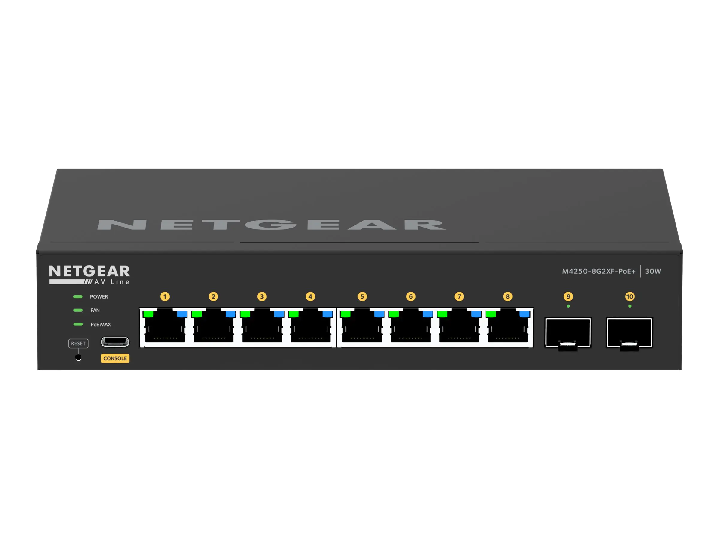 NETGEAR AV Line M4250-8G2XF-PoE+ - Switch - L3 - managed - 8 x 10/100/1000 (8 PoE+) + 2 x 10 Gigabit SFP+ - Seite-zu-Seite-Luftstrom - an Rack montierbar - PoE+ (220 W)