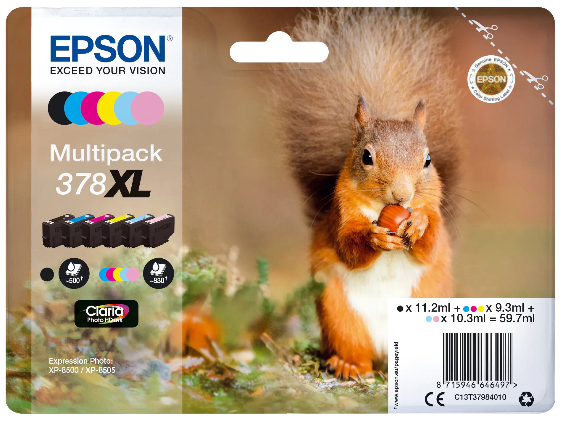 Epson 378XL Multipack - 6er-Pack - XL - Schwarz, Gelb, Cyan, Magenta, hellmagentafarben, hell Cyan - Original - Blisterverpackung - Tintenpatrone - für Expression Home XP-8605, XP-8606; Expression Photo XP-8500, XP-8500 Small-in-One, XP-8505