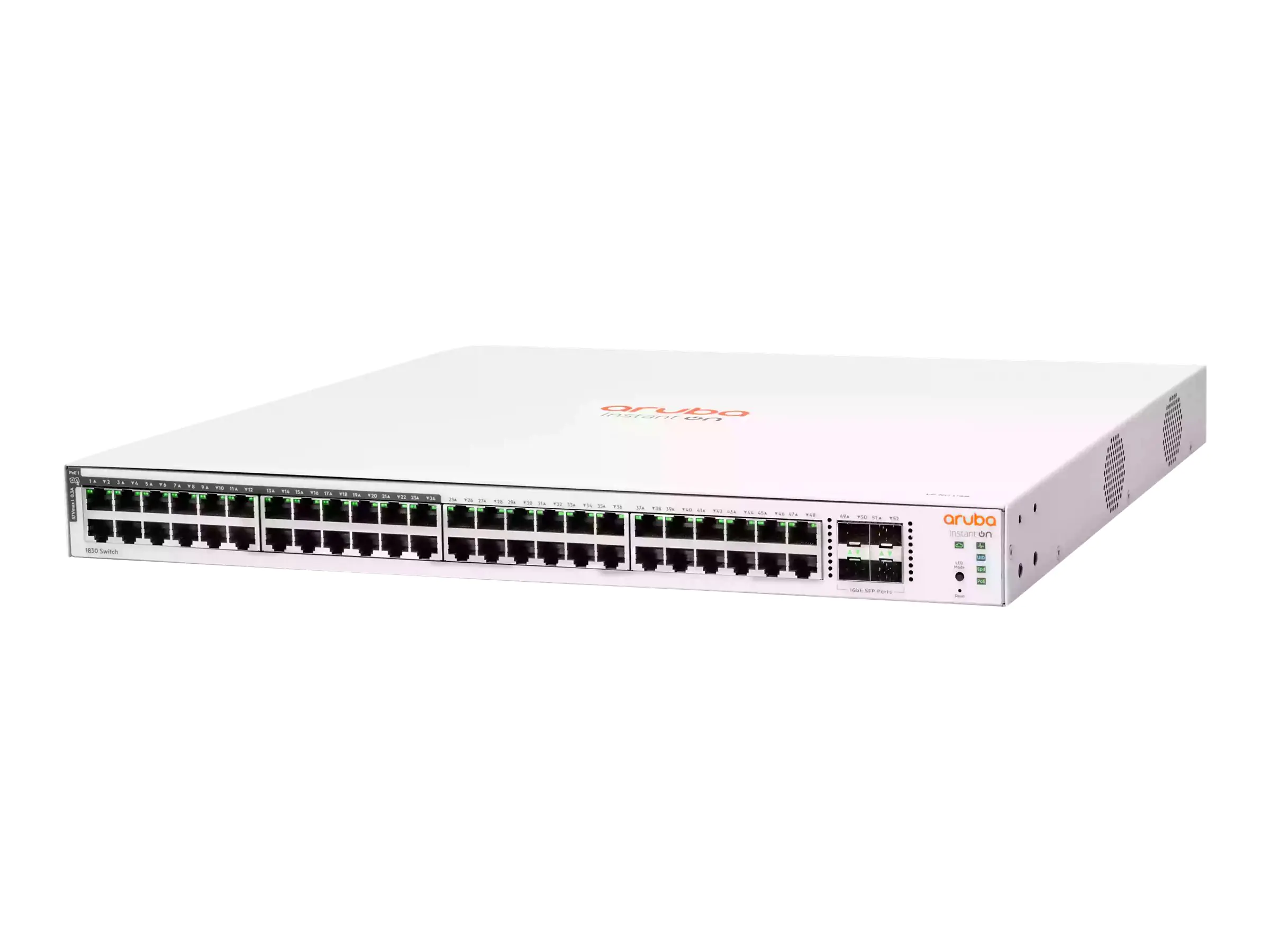 HPE Networking Instant On 1830 48G 24p Class4 PoE 4SFP 370W Switch - Switch - Smart - 24 x 10/100/1000 + 24 x 10/100/1000 (PoE+) + 4 x Gigabit SFP - Desktop, an Rack montierbar - PoE+ (370 W)