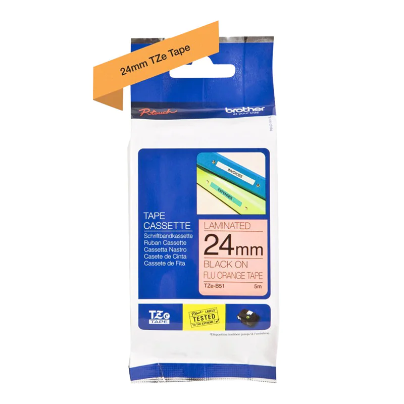 Brother TZe-B51 - Standard-Klebstoff - schwarz auf fluoreszierendem orange - Rolle (2,4 cm x 5 m)