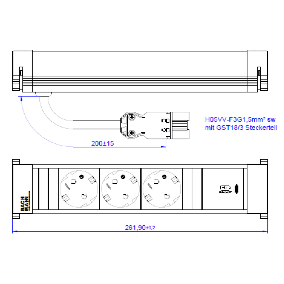 Bachmann Power Frame M 3xCEE7/3916.5061xUSB C 30W 0.2m GST18