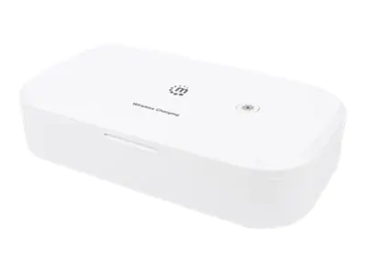 Manhattan UV Phone Sanitizer with Wireless Charger (Clearance Pricing), 10 W Wireless Charging Pad, Integrated UV LEDs to eliminate germs, viruses and bacteria, Quick 1-minute or 5-minute cleaning cycle, Auto-off UV light when opened, White, 3 Year Warran