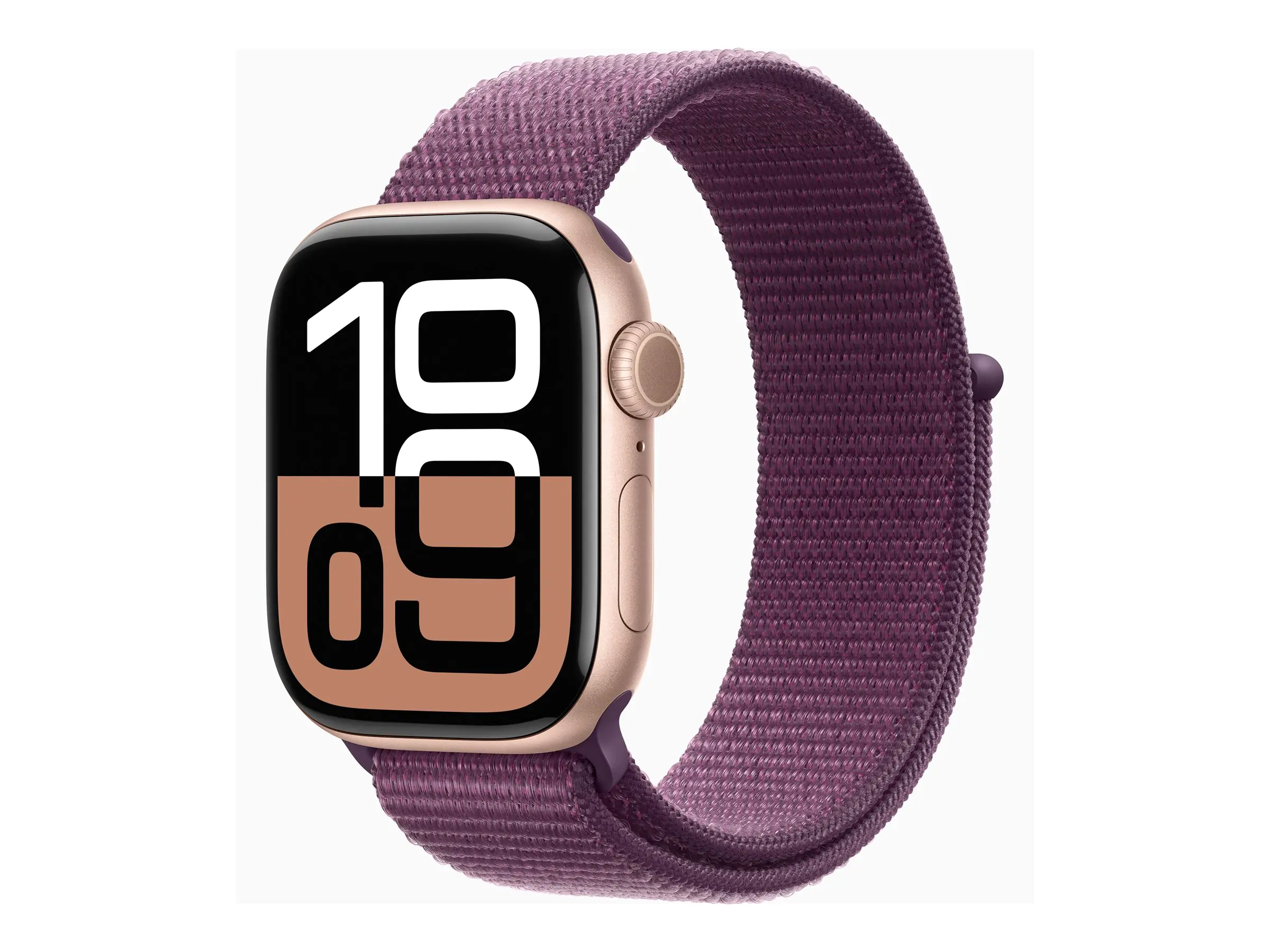 Apple Watch Series 10 (GPS + Cellular) - 42 mm - Aluminium, Roségold - intelligente Uhr mit Sportschleife - weiches, zweilagiges Nylon - Pflaume - Handgelenkgröße: 130-200 mm - 64 GB - LTE, Wi-Fi 4, UWB, Bluetooth - 4G - 29.3 g