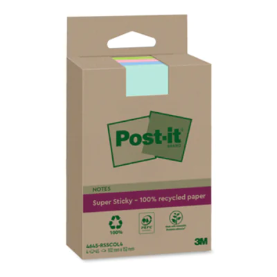 Post-it® Haftnotiz Recycling Notes Super Sticky 102 x 152 mm (B x H) je 1x mint, denimblau, rosa, limonengrün 45 Bl./Block 4 Block/Pack.