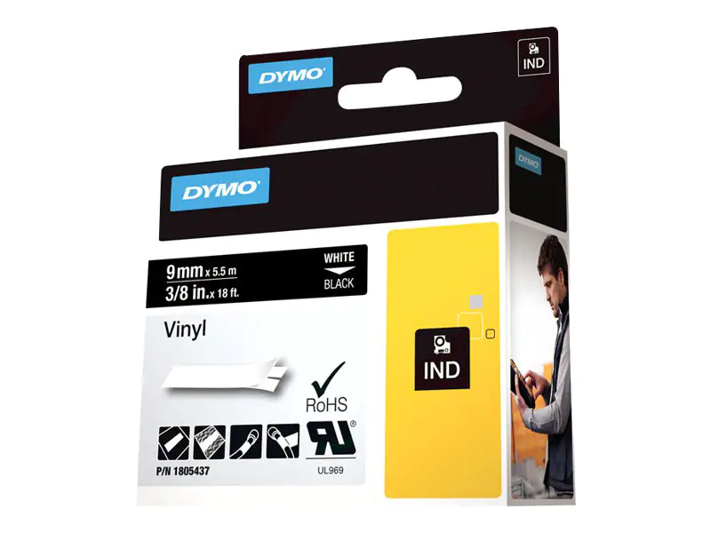 DYMO Rhino Coloured Vinyl - Vinyl - permanenter Klebstoff - Weiß auf Schwarz - Rolle (1 cm x 5,5 m) 1 Kassette(n) Band - für DYMO ILP219; Rhino 1000, 4200, 5000, 5200, 6000; RhinoPRO 1000, 3000, 5000, 6000, 6500