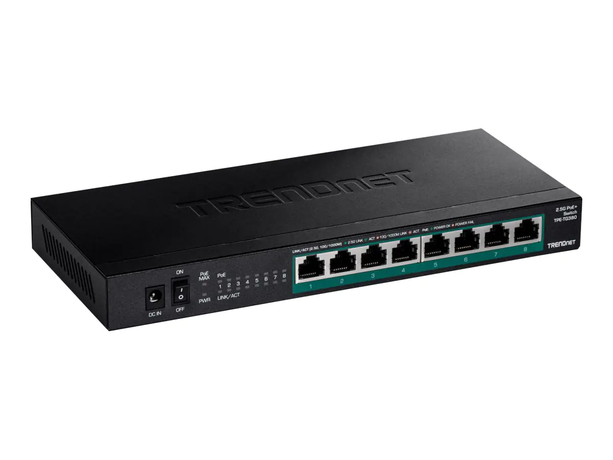 TRENDnet TPE TG380 - Switch - unmanaged - 8 x 10/100/1000/2.5G (PoE+) - Desktop, wandmontierbar - PoE+ (100 W) - TAA-konform