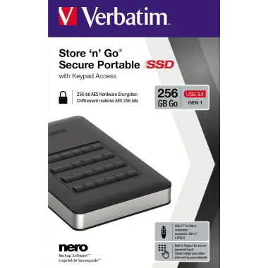 Verbatim Store 'n' Go Portable - SSD - verschlüsselt - 256 GB - extern (tragbar) - USB 3.1 Gen 1 (USB-C Steckverbinder) - 256-Bit-AES