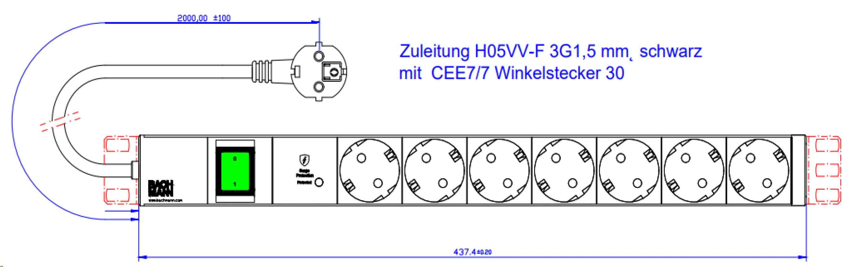 Bachmann 19" 1HE 7xCEE7/3 800.39341xSPD-Plus 1xSchalter 2 0m CEE7/7"