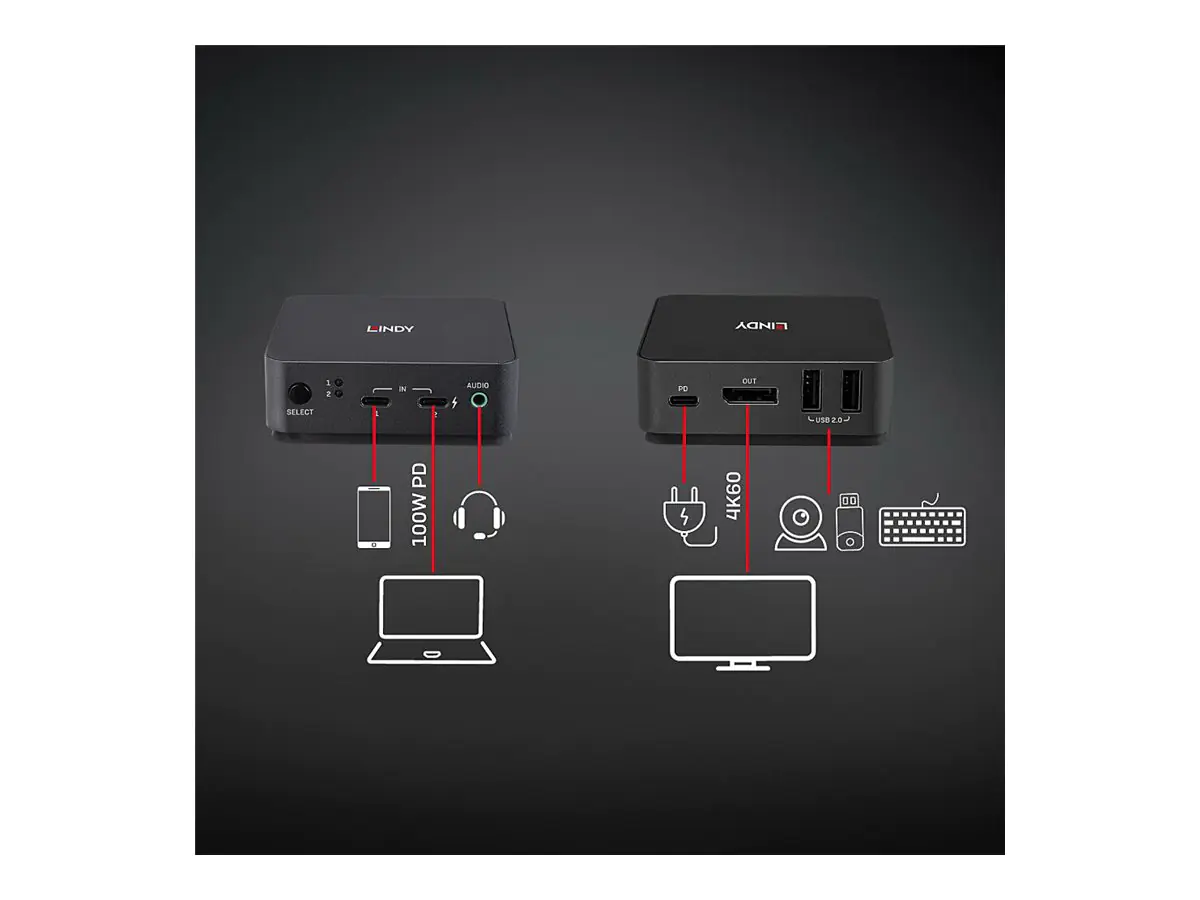 Lindy - KVM-/Audio-Switch - Typ C, DisplayPort 1.2 - 2 x KVM port(s) - 1 lokaler Benutzer - Desktop