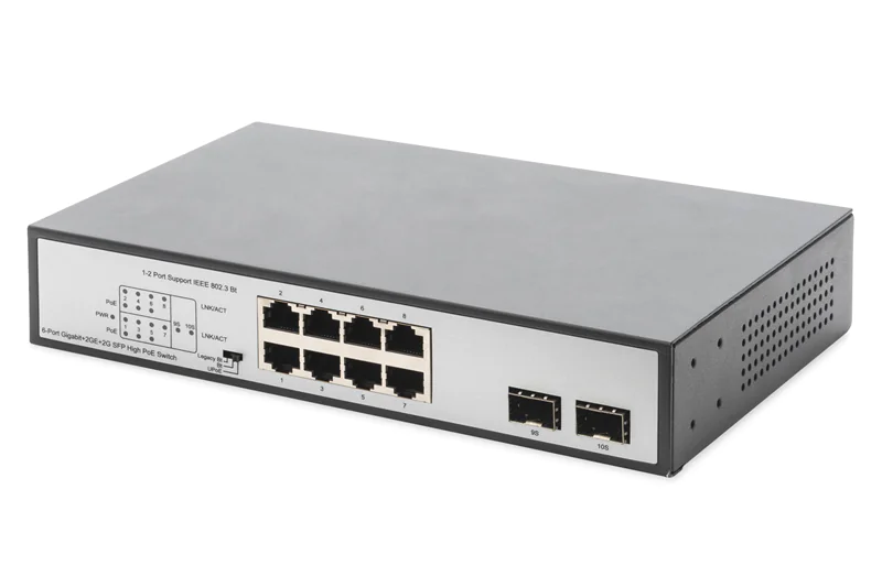 DIGITUS DN-95140 - Switch - unmanaged - 6 x 10/100/1000 (PoE++) + 2 x 10/100/1000 + 2 x Gigabit SFP (Uplink) - Desktop, an Rack montierbar, wandmontierbar - PoE++ (180 W)