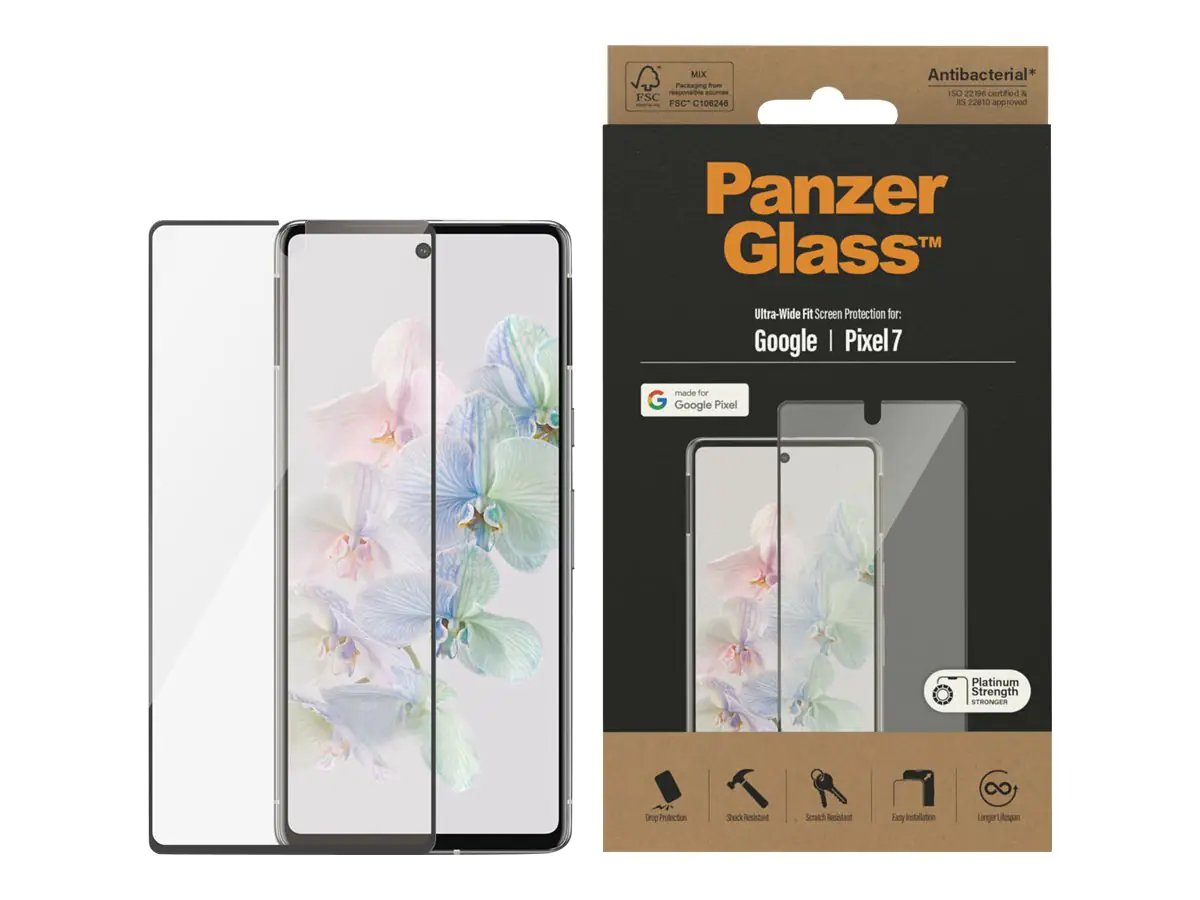 PanzerGlass - Bildschirmschutz für Handy - ultrabreite Passform - Glas - Rahmenfarbe schwarz - für Google Pixel 7