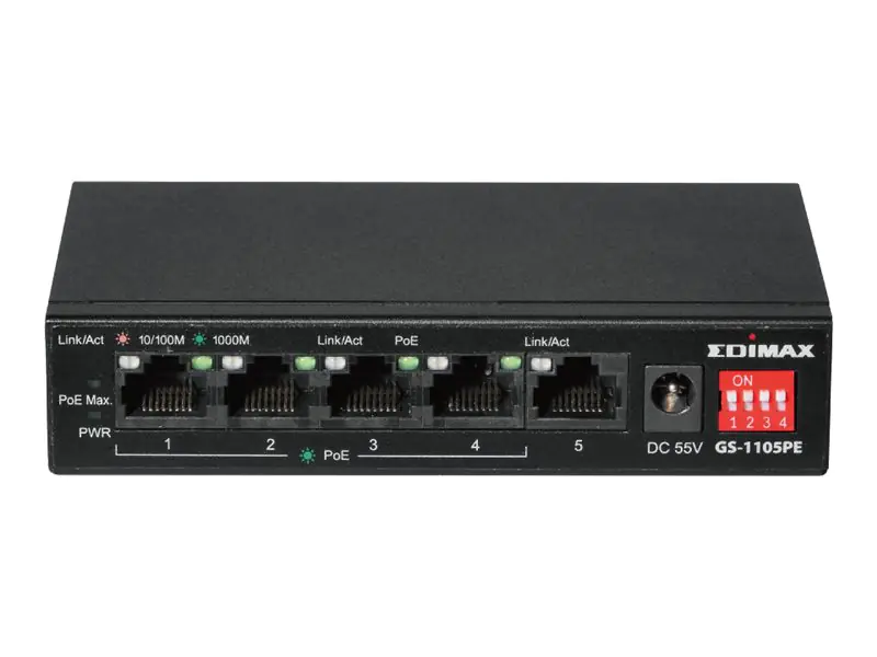 Edimax GS-1105PE - Switch - lange Reichweite, DIP-Schalter - unmanaged - 4 x 10/100/1000 (PoE+)