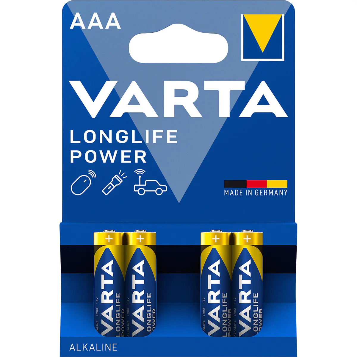 Varta Batterien AAA, 4 Stück, Longlife Power, Alkaline, 1,5V, ideal für Spielzeug, Funkmaus, Taschenlampen, Made in Germany, Einwegbatterie, AAA, Alkali, 1,5 V, 4 Stück(e), Blau, Silber 04903 121 414